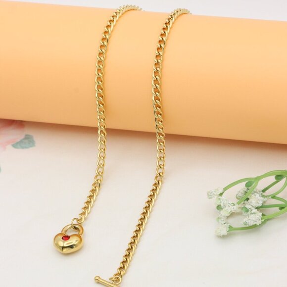 Gold Plated Heart Pendant Necklace With Red Stone Charm, XPNL0380 - Picture 10 of 12